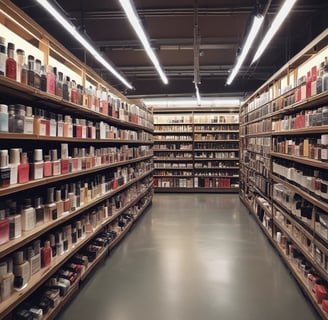 A brightly lit, spacious retail clothing store with rows of neatly arranged clothing racks and shelves filled with folded garments. The store has high ceilings with numerous spotlights and a modern, minimalist design. Multiple stacks of white shoe boxes are prominently displayed on tables throughout the space.