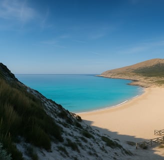 Veduta panoramica ultra-realistica di Cala Mesquida a Maiorca, ripresa da una collina con vista sulla spiaggia dorata, le dun