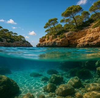 Vista dividida del mar en Mallorca, con acantilados y agua turquesa cristalina – Maiorca Unlocked.