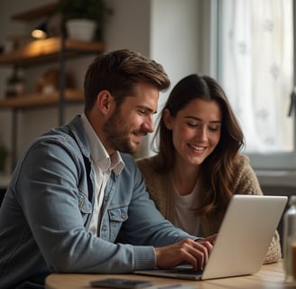 a man and woman sitting at a table with a laptop