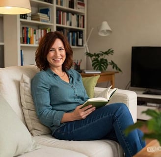 Mulher sorridente praticando respiração consciente em casa, sentindo-se mais leve