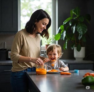 Mãe sorridente preparando papinha com cenoura e iogurte para o filho de 4 anos