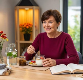 Mulher madura sorridente desfrutando de café da manhã saudável com iogurte, frutas e chá, simbolizan