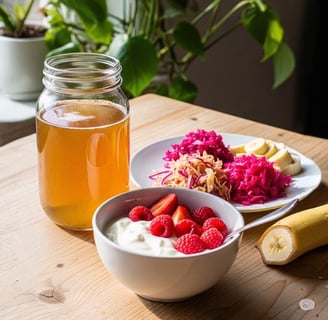Mesa com alimentos fermentados, incluindo kombucha, iogurte natural com frutas vermelhas, chucrute e
