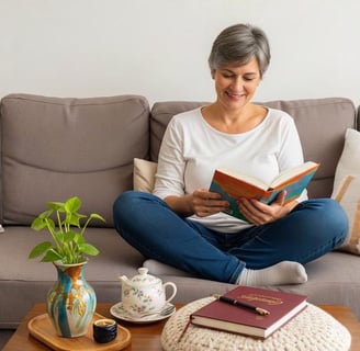 Mulher feliz lendo e relaxando, praticando hábitos de bem-estar para uma vida mais leve e livre de a