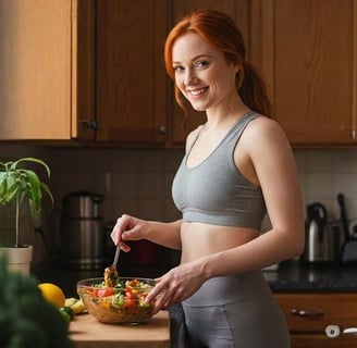 Mulher sorridente preparando café da manhã com abacate e chá verde, sentindo-se mais firme
