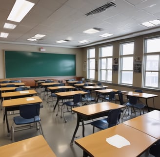A historical classroom setting with several students seated at wooden desks. The teacher stands at the front near a blackboard filled with writings and diagrams. A globe is placed on a table, and educational charts hang on the walls.