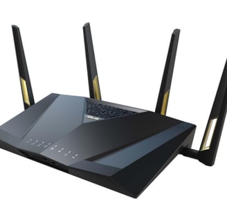  ASUS RT-AX88U Pro WiFi 6 router with gold accents and 8 LAN ports, shown at an angle on a dark back
