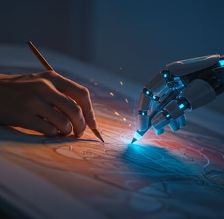 a person's hand holding a pencil and drawing a robot