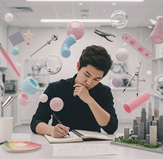 a man sitting at a table with a notebook and a notebook