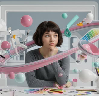 a woman sitting at a desk with a lot of colorful objects