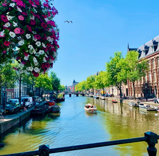 a boat on a river with flowers in the foreground