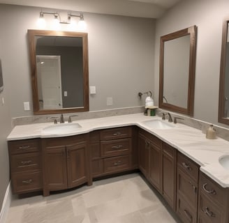 A modern kitchen with sleek white cabinetry and a light gray and white tiled backsplash. The countertops are a smooth, light-colored material, and a stainless steel oven and range hood are prominent. A red kettle sits on the stove, and decorative jars are placed on the counter. Natural light floods in from a large window, and green foliage is visible outside.