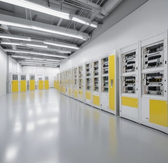 An industrial setting with machinery including a circular metal platform and electronic control panels mounted on a tiled wall. Various pipes and wires run along the walls and ceiling, with different mechanical components visible.