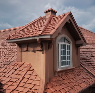 A corrugated metal roof covered with green moss and small plants, set against a backdrop of dense, lush trees and foliage. The roof appears weathered and aged, with visible rust marks. A silver water tank or similar structure sits atop the roof.