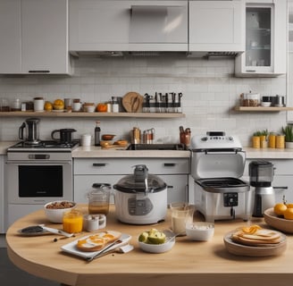 A modern kitchen countertop features a glass electric kettle with a stainless steel base, filled partially with water. Nearby, a white container holds several metallic cooking utensils such as spatulas and ladles. In the background, a microwave oven and other kitchen appliances are slightly blurred.