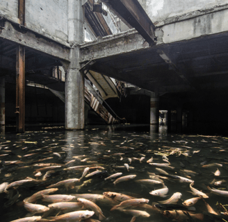Numerous fish swimming in the abandoned New World Mall