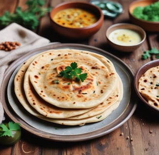 A white plate holds several puffed, golden-brown puris next to a small bowl of bright yellow curry with visible potato pieces.