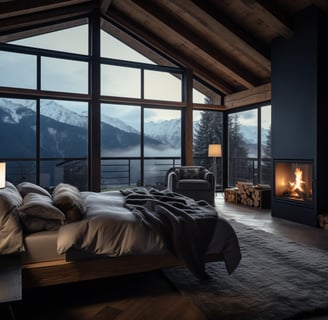 cozy, moody interior of a modern cottage in the Alps