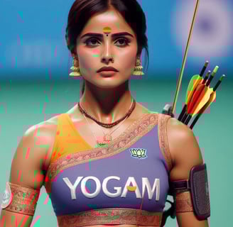 a woman in a yoga outfit with a bow and arrows