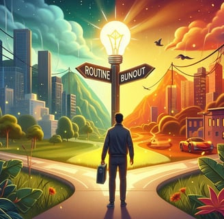 An image of a person standing at the crossroads of routine and burnout
