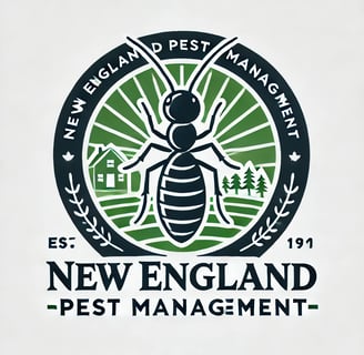 "A logo for New England Pest Management featuring a green and dark blue shield with an insect symbol and a house, representin