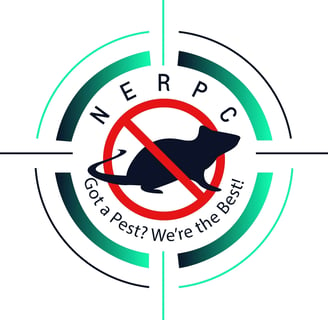 The logo represents "NE Region Pest Control LLC." It features a black silhouette of a rat inside a red circle with a diagonal