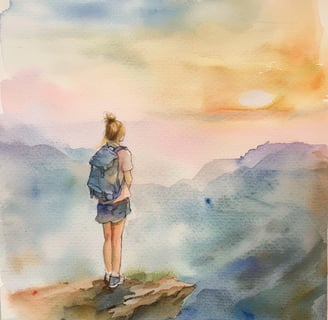 A serene watercolor painting of a girl on a cliff, gazing at the sunset over the horizon.