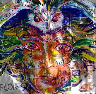 collage d'une peinture aux couleurs vives, où on peut distinguer un visage enraciné, une chouette ou encore une tête de cobra