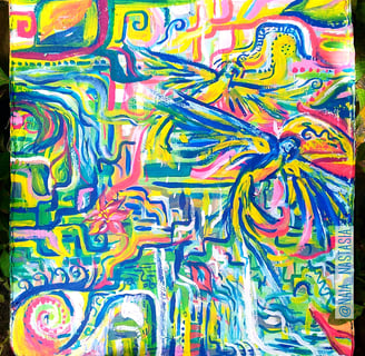 peinture aux couleurs vives entre abstrait et concret, avec fleurs cascade et perroquets
