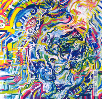 peinture acrylique comportant de nombreux détails colorés entre visage corps mythiques et paysages