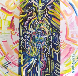 peinture acrylique sur fond obscur avec un visage et des formes géométriques colorées