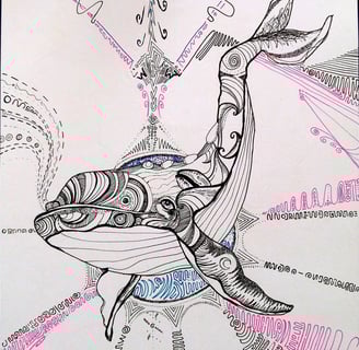 dessin de baleine aux motifs psychédéliques au feutre fin