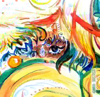 détails d'une Aquarelle aux tons orangés dans laquelle on peut distinguer un lion et un tas d'autres animaux plutôt endémique