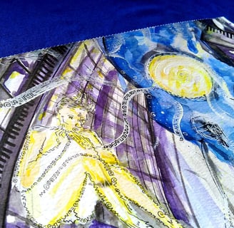aquarelle aux tons violets et jaunes représentant l'arrivée d'êtres de lumière à contresens dans la 