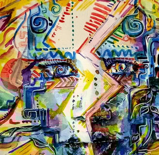 détails d'une aquarelle aux couleursvoves entre abstrait et figuratif, nature, végétation, eau, corps et visage