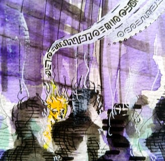 aquarelle aux tons violets et jaunes représentant l'arrivée d'êtres de lumière à contresens dans la fourmilière