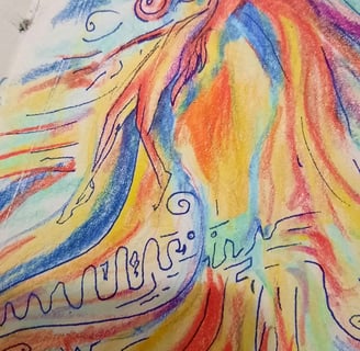 illustration aux tons bleus et orangés, réalisée au crayons de couleurs et feutre fin on distingue visage paysage et corps