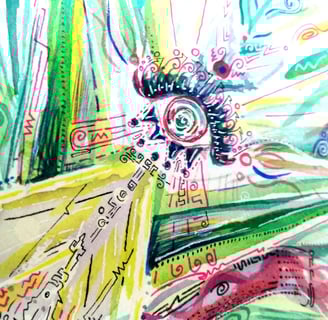 Aquarelle aux tons colorés entre l'abstrait et le cocret, pouvant représenter une frontiere entre mer et ciel, un uterus, etc