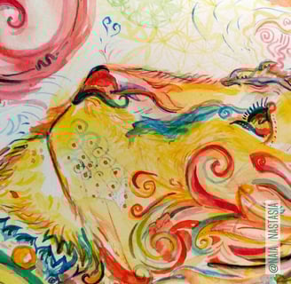 détails d'une Aquarelle aux tons orangés dans laquelle on peut distinguer un lion et un tas d'autres animaux plutôt endémique