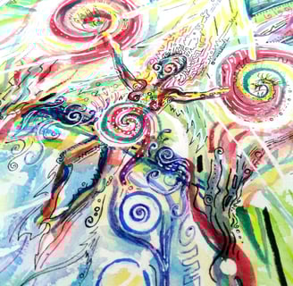Aquarelle aux tons colorés entre l'abstrait et le cocret, pouvant représenter une frontiere entre mer et ciel, un uterus, etc