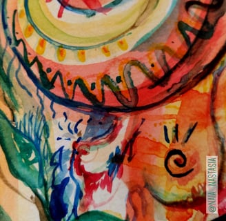 détail d'une Aquarelle aux tons orangés dans laquelle on peut distinguer un lion et un tas d'autres animaux plutôt endémiques