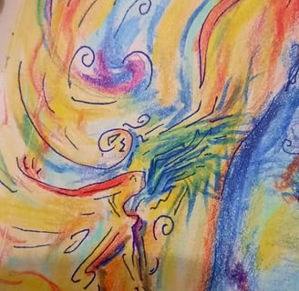 illustration aux tons bleus et orangés, réalisée au crayons de couleurs et feutre fin on distingue visage paysage et corps