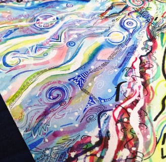 Aquarelle aux tons colorés entre l'abstrait et le cocret, pouvant représenter une frontiere entre mer et ciel, un uterus, etc