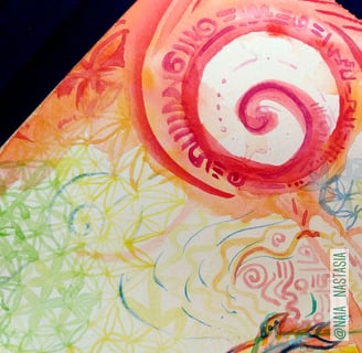 détail Aquarelle aux tons orangés dans laquelle on peut distinguer un lion et un tas d'autres animaux plutôt endémiques de la