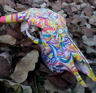 peinture aux couleurs vives sur un crane sur un lit de feuilles mortes
