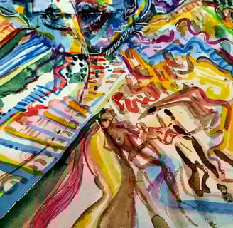 détails d'une aquarelle aux couleursvoves entre abstrait et figuratif, nature, végétation, eau, corps et visage