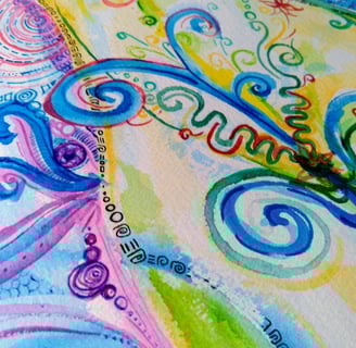 aquarelle représentant un corps à la limite du concret, vibrant et joyeux; Couleurs vers, bleus et violets.