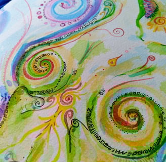 aquarelle représentant un corps à la limite du concret, vibrant et joyeux; Couleurs vers, bleus et violets.