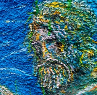 détail d'une peinture murale représentant poseidon sur la coque d'un bateau échoué au fond de l'océan